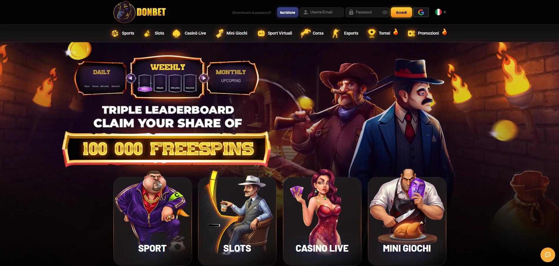 Homepage Donbet con il pulsante di accesso in alto a destra